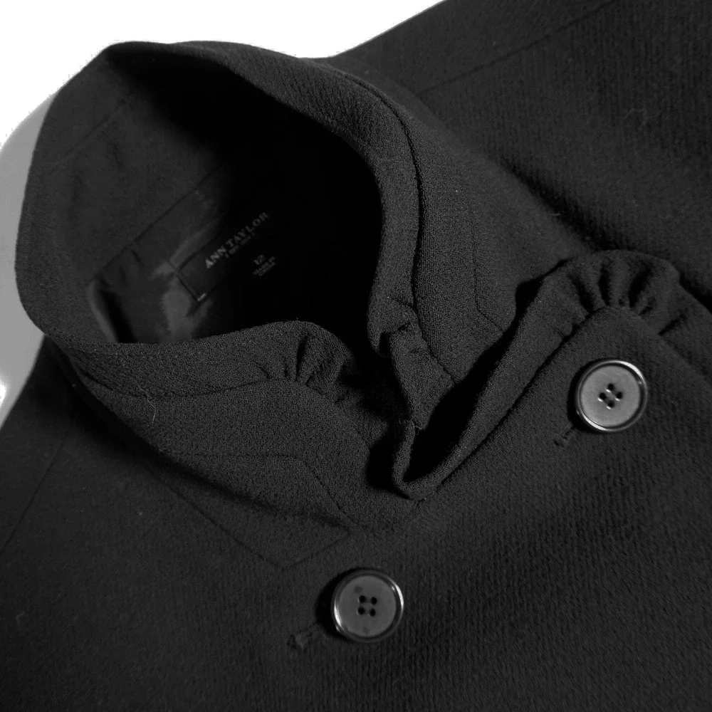 Ann Taylor Wool Ruffle Trim Military Jacket Black Double Breasted‎ Blazer 0X L